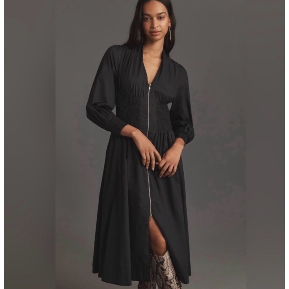Anthropologie Black Midi Dress with Front Zip